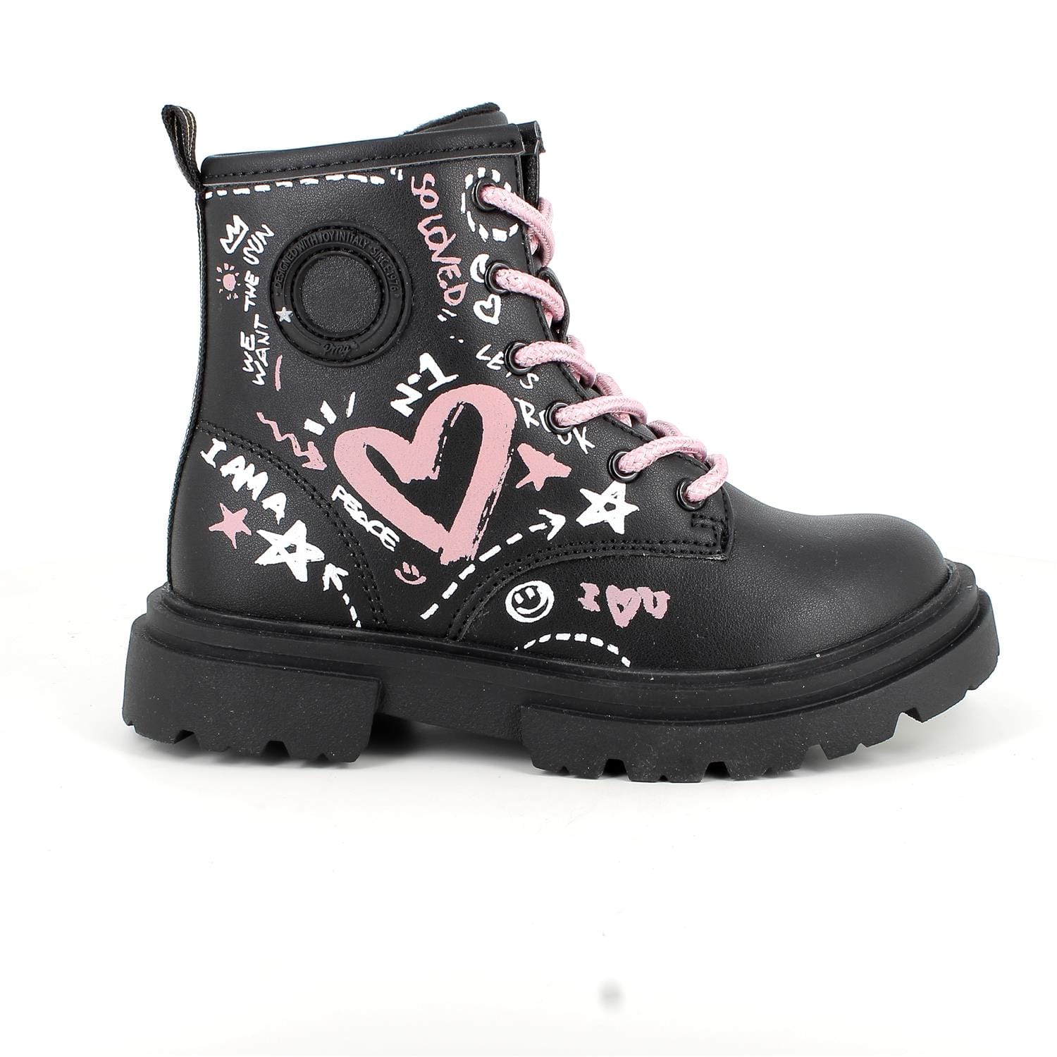 Primigi Δερμάτινο Ανατομικό Μποτάκι Για Κορίτσι Μαύρο Με Καρδούλες Ρόζ
