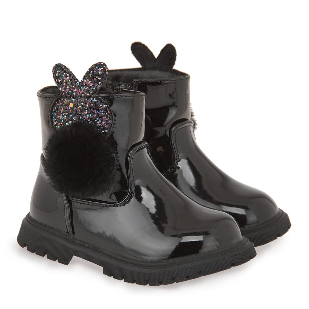 Exe Kids Ανατομικό Μποτάκι Για Κορίτσι Μαύρο Λουστρίνι Με Λαγουδάκι Glitter